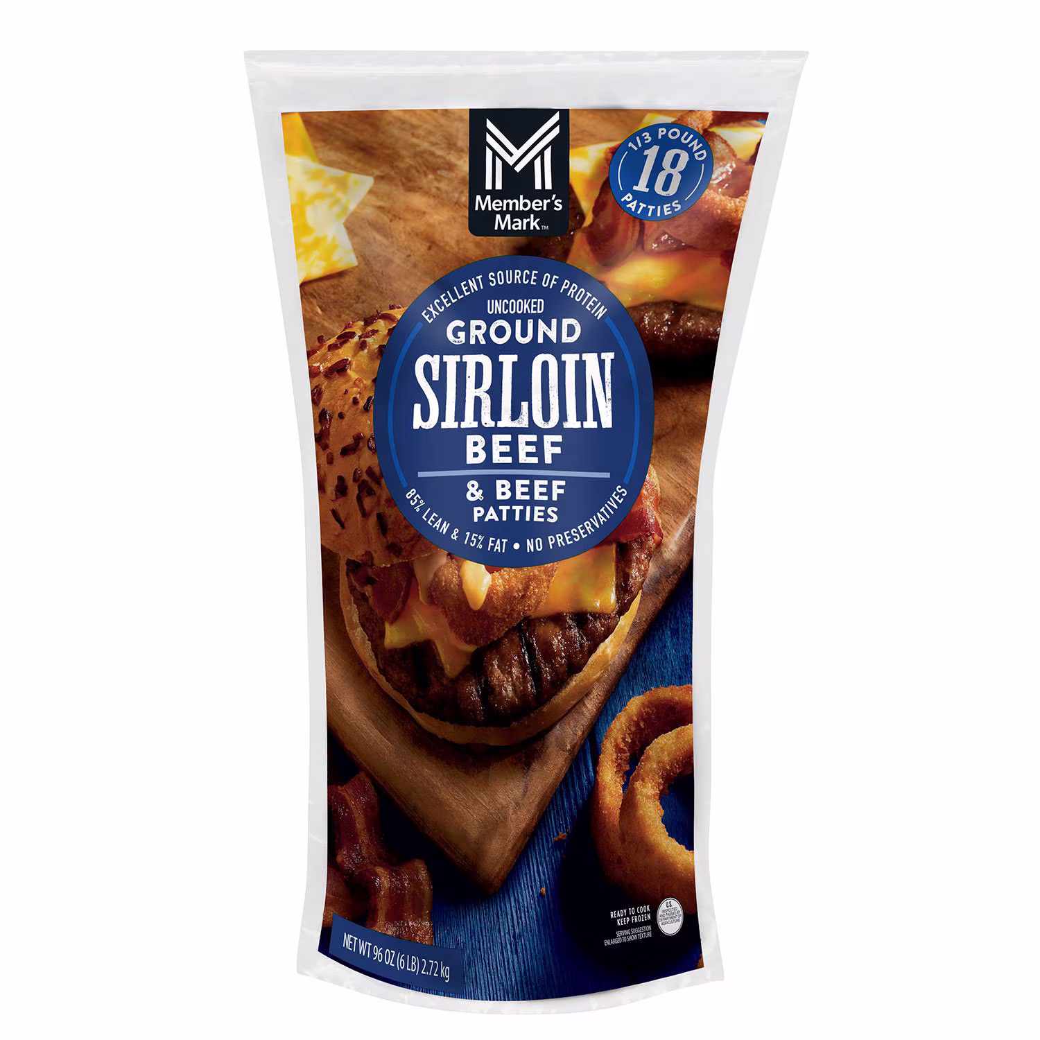 Member's Mark 85/15 Ground Sirloin Beef Patties, Frozen, 1/3 lb., 18 ct. — product image 1