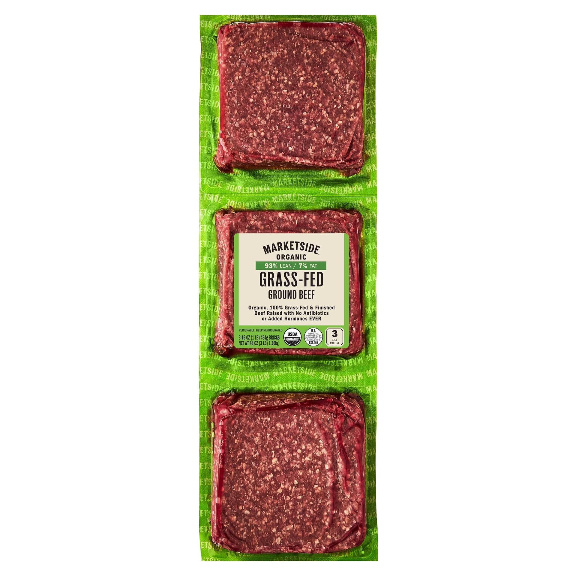 Marketside Organic Grass-Fed Ground Beef, 93% Lean/7% Fat, 1 lb, 3 Count — product image 1