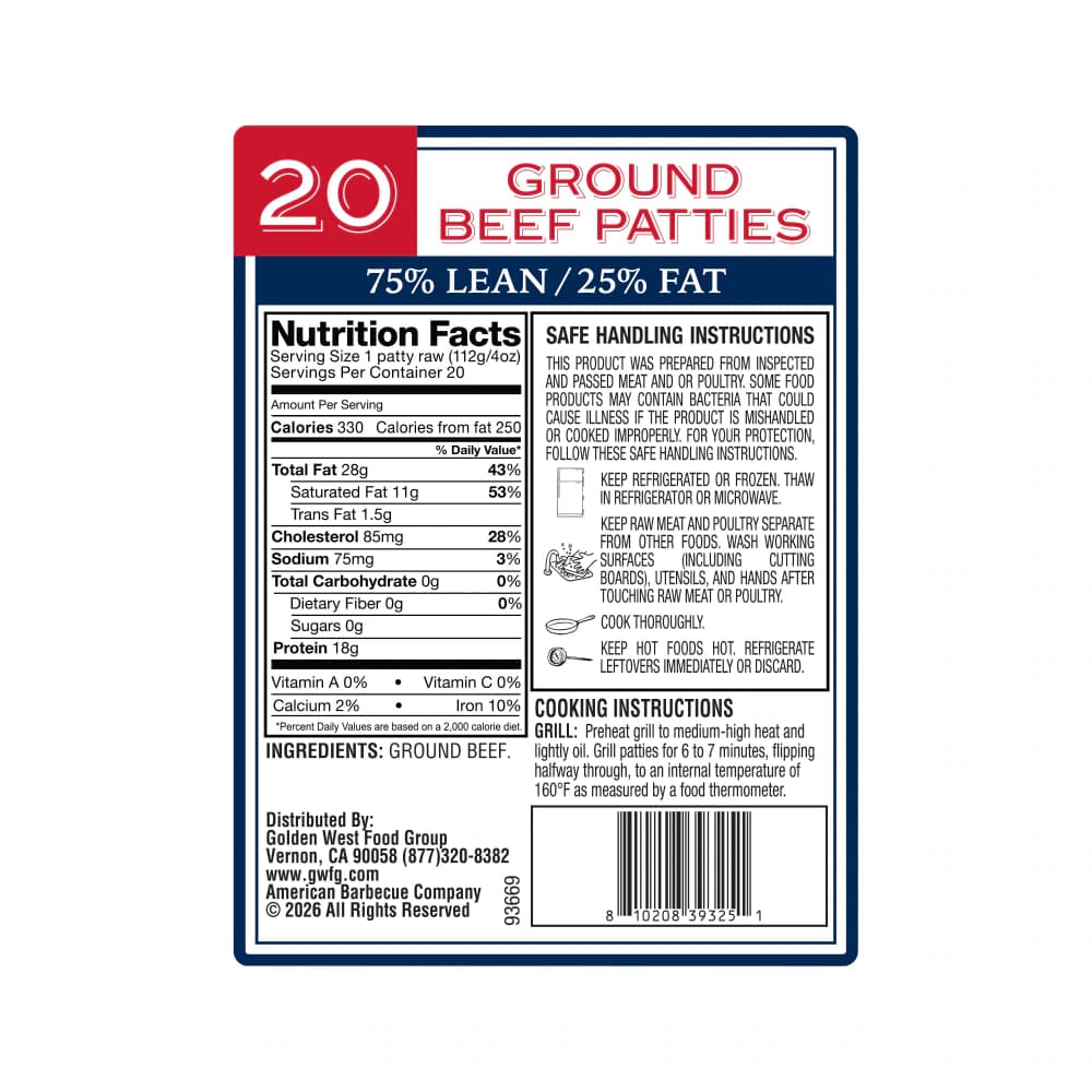American BBQ Company 75/25 Ground Beef Patties, 20 ct — product image 2