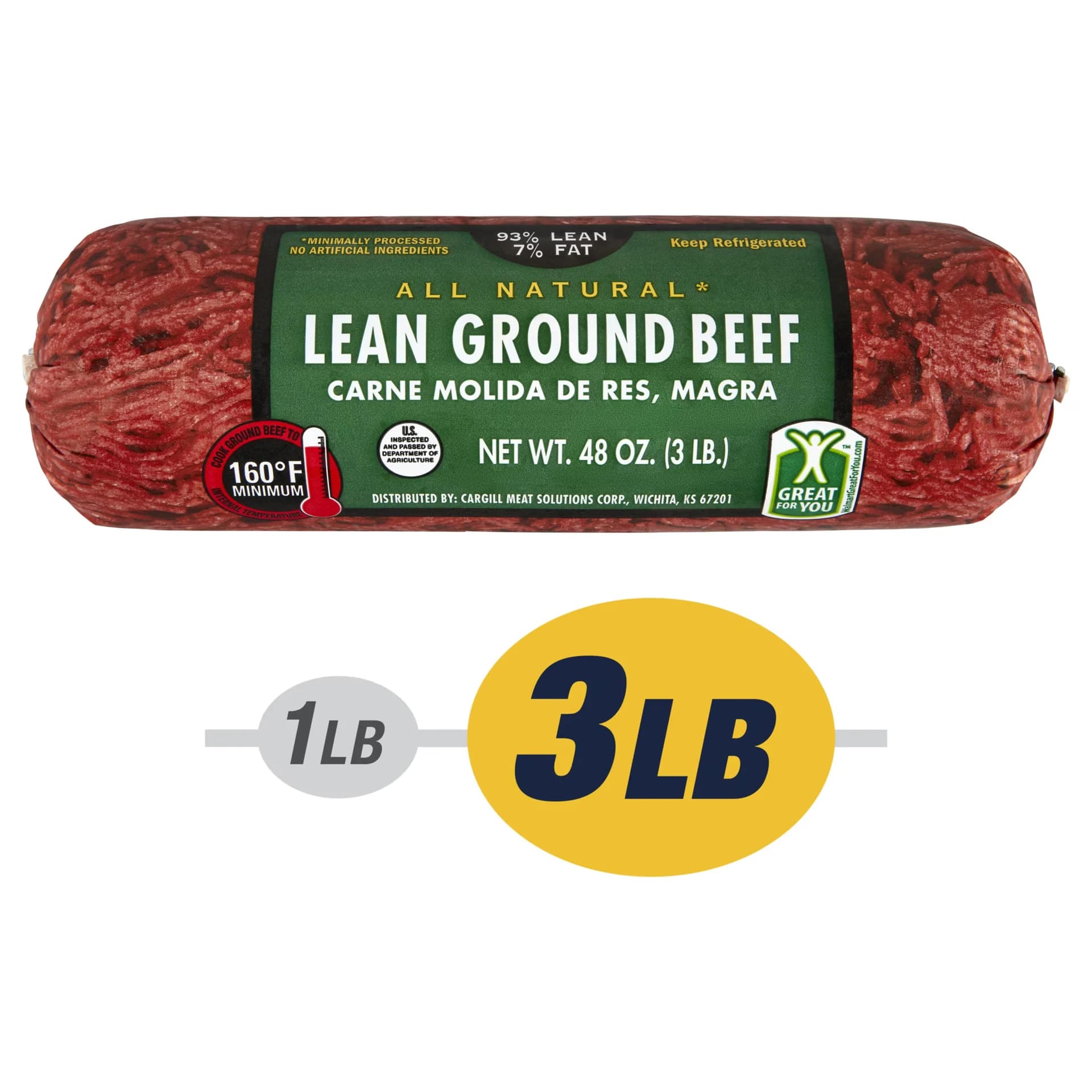 93% Lean / 7% Fat Lean Ground Beef, 3 lb Roll, Fresh, All Natural — product image 1