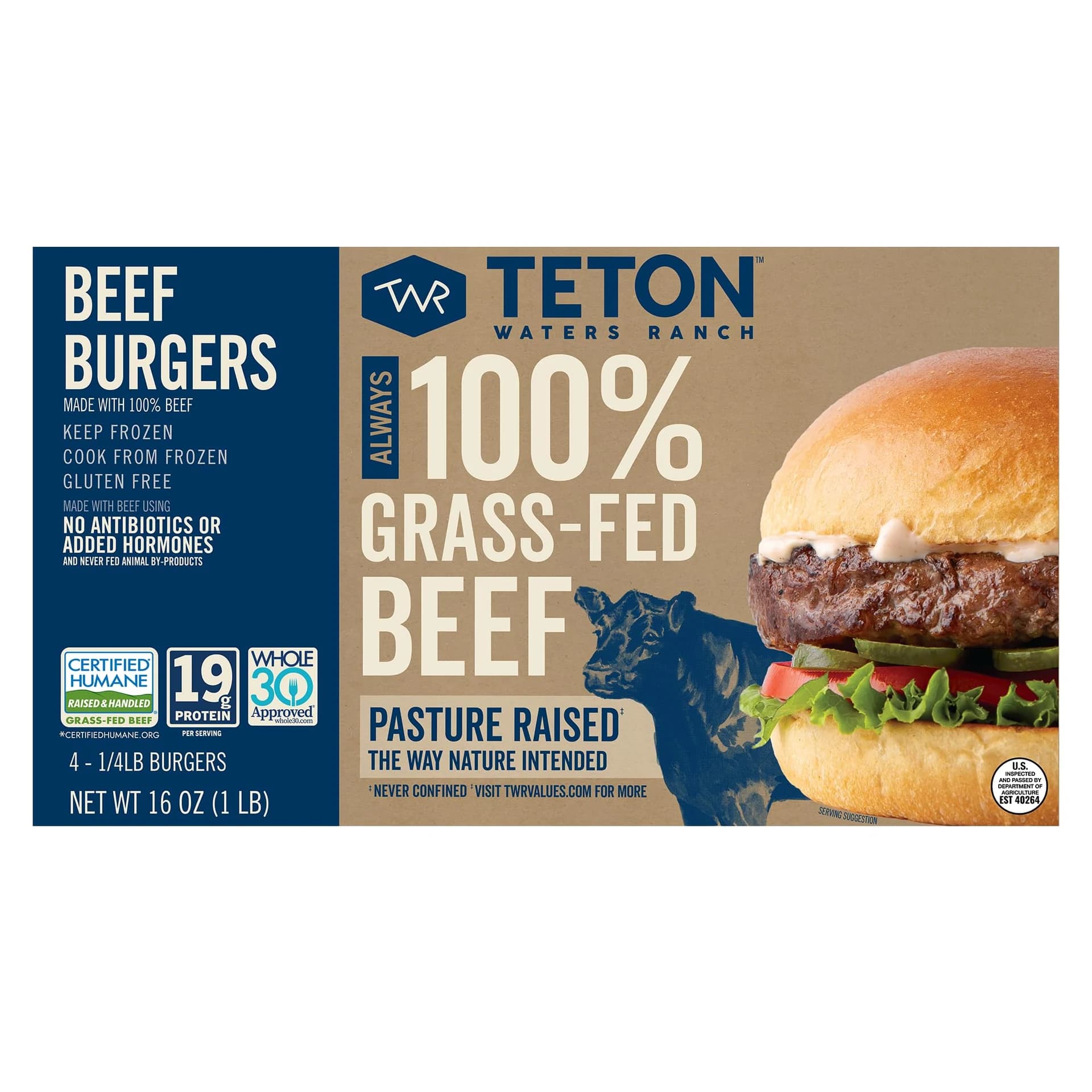 Teton Waters Ranch 100% Grass-Fed Beef Burgers, Frozen Burger Patties, No Sugar, No Antibiotics or Added Hormones, Gluten Free, Certified Humane - 4 Count (1 lb) — product image 1