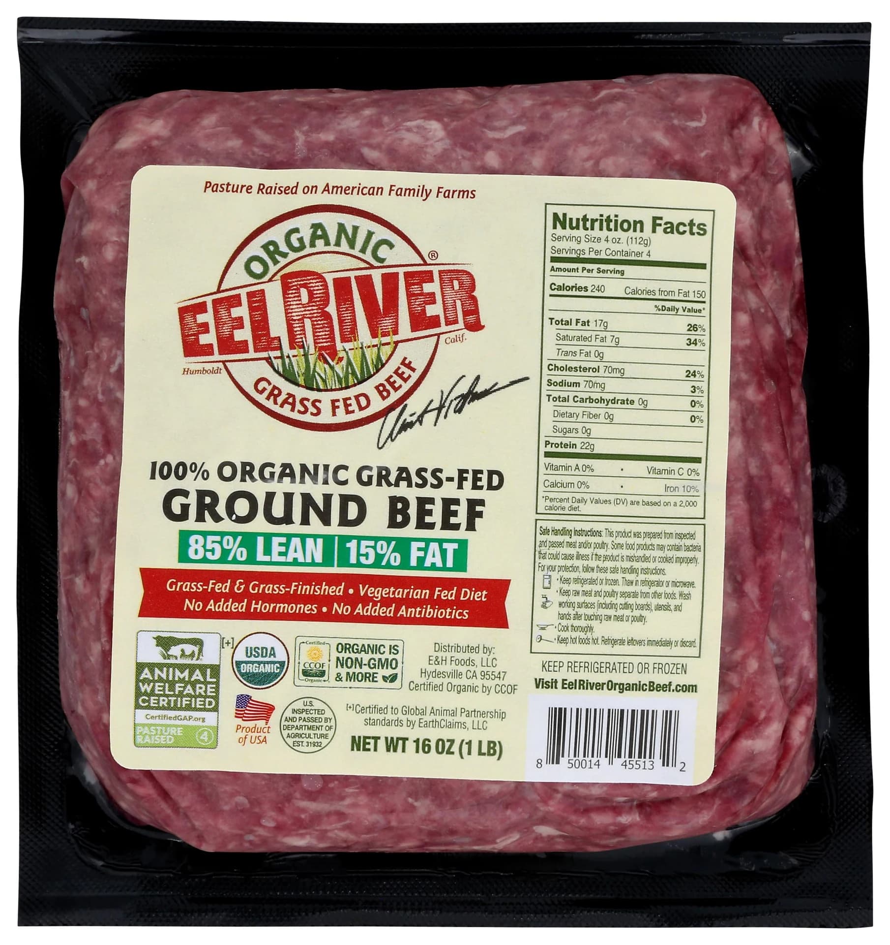 Eel River Organic Beef Organic Grass-Fed Ground Beef 85/15, 16 oz — product image 1