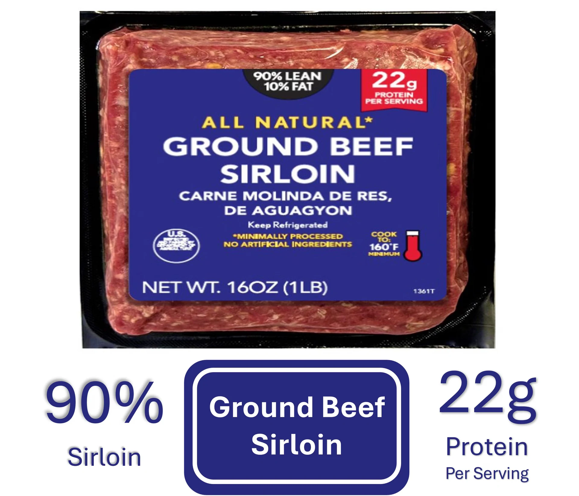 90% Lean/ 10% Fat Sirloin Ground Beef, 1 Lb Brick, Fresh — product image 1