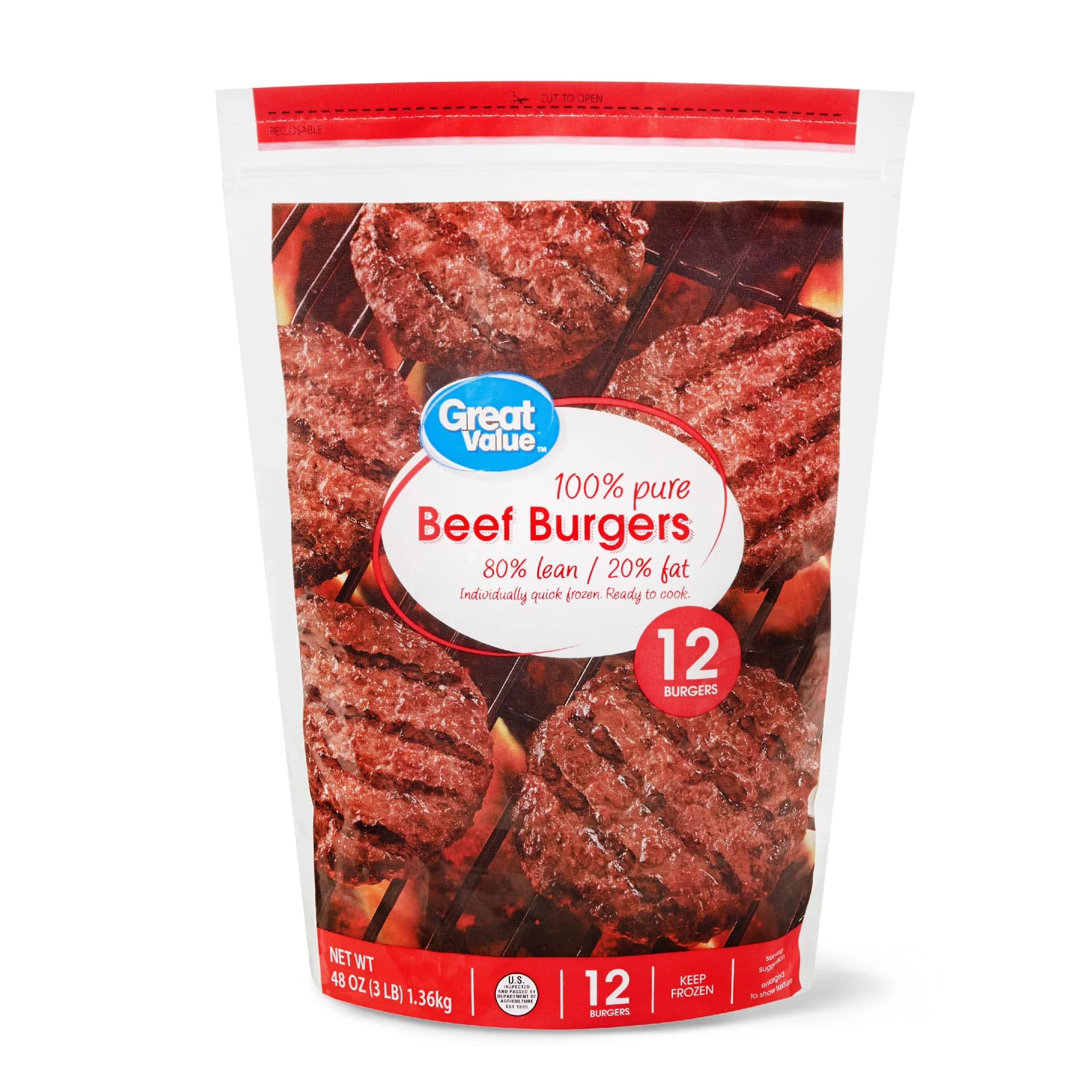 Great Value Beef Burgers, 80% Lean/20% Fat, 3 lbs, 12 Count (Frozen) — product image 1