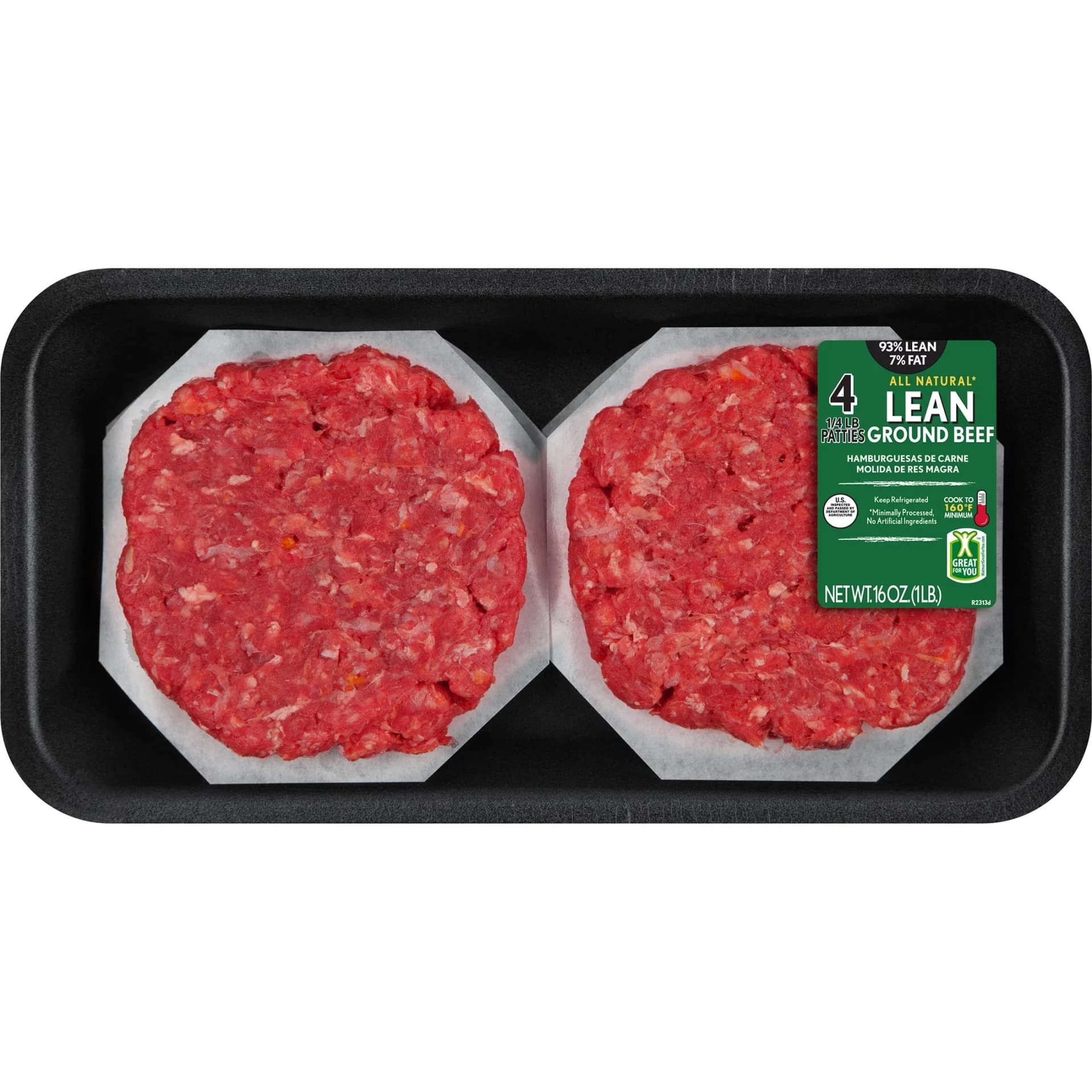 93% Lean / 7% Fat Lean Ground Beef Patties, 4 Count, 1 lb Tray, Fresh, All Natural* — product image 1