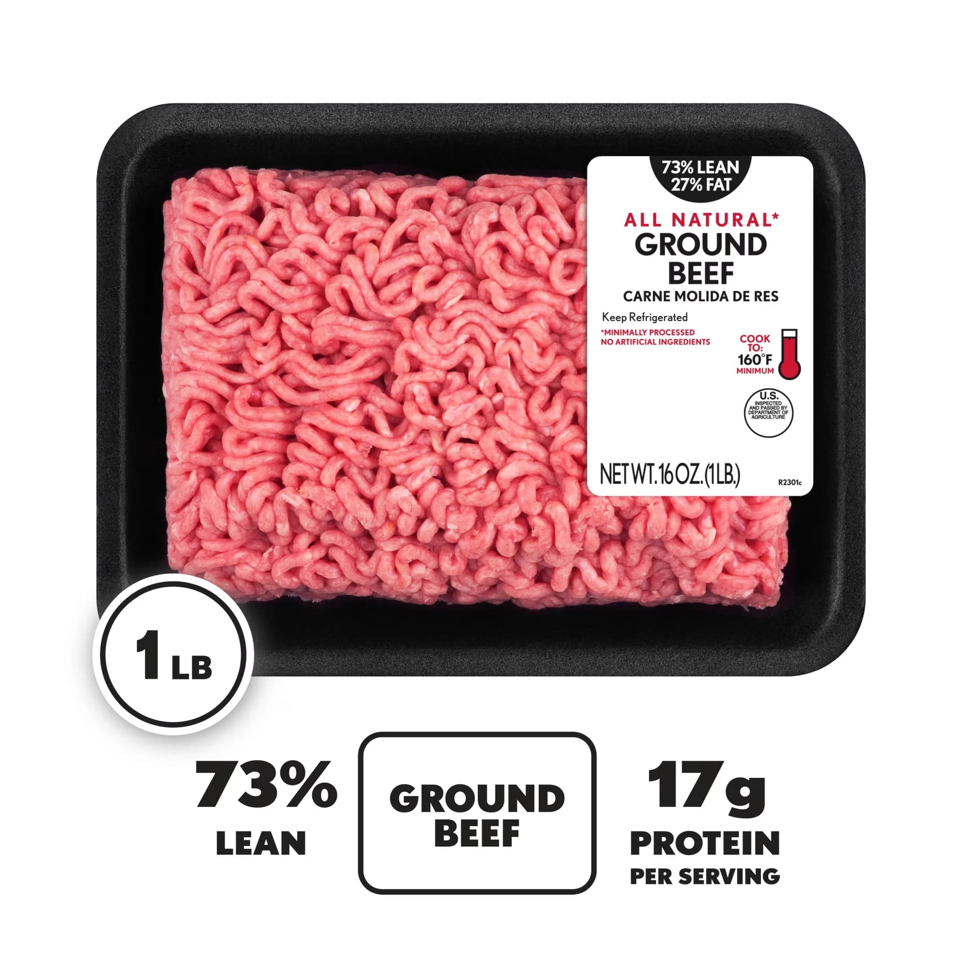 All Natural* 73% Lean/27% Fat Ground Beef, 1 lb Tray — product image 1
