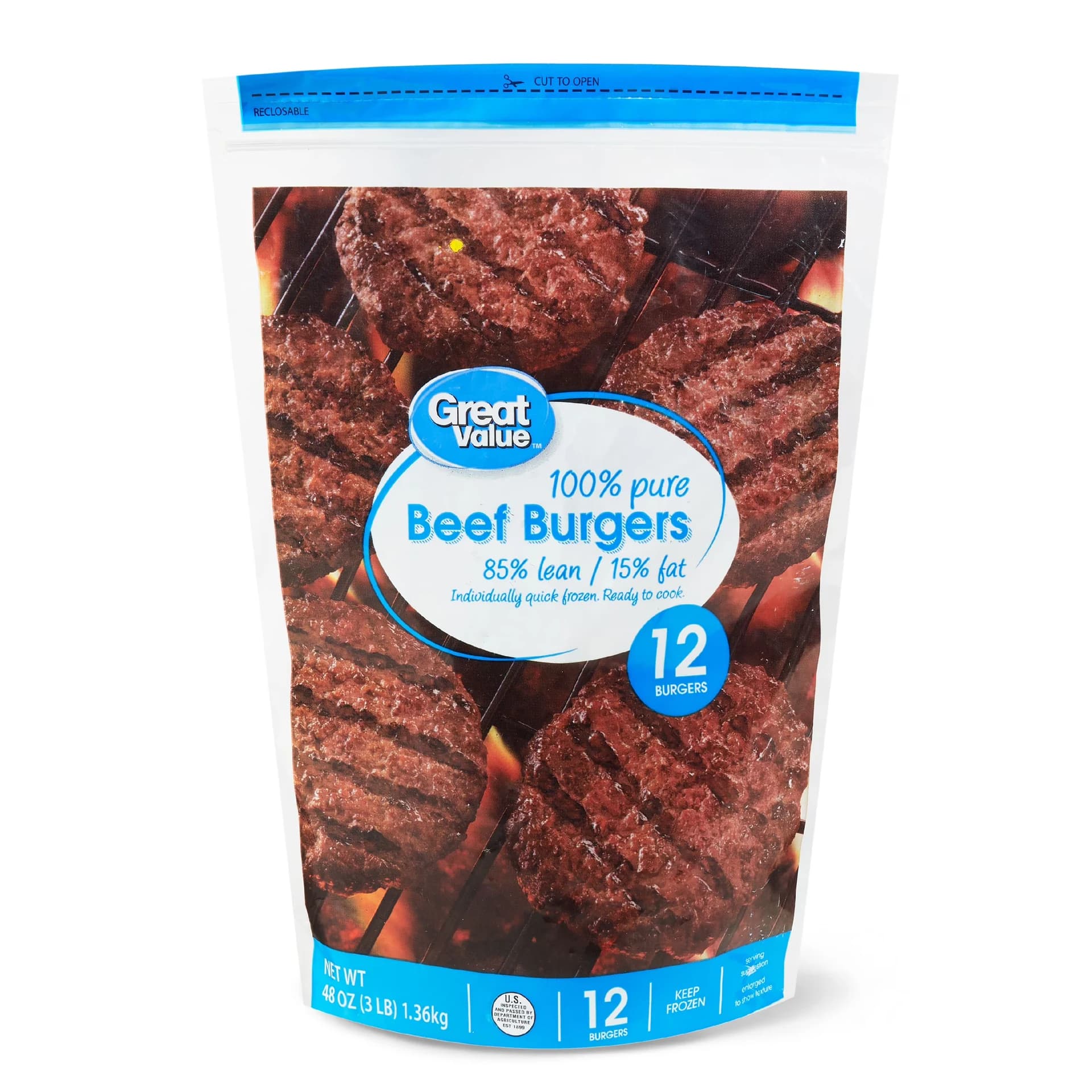 Great Value 100% Pure Beef Burgers, 85% Lean/15% Fat, 3 lbs, 12 Count (Frozen) — product image 1