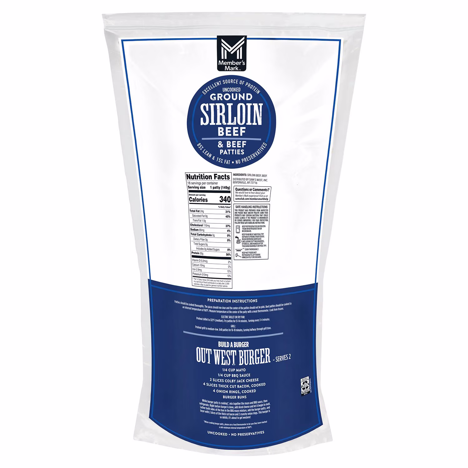Member's Mark 85/15 Ground Sirloin Beef Patties, Frozen, 1/3 lb., 18 ct. — product image 2