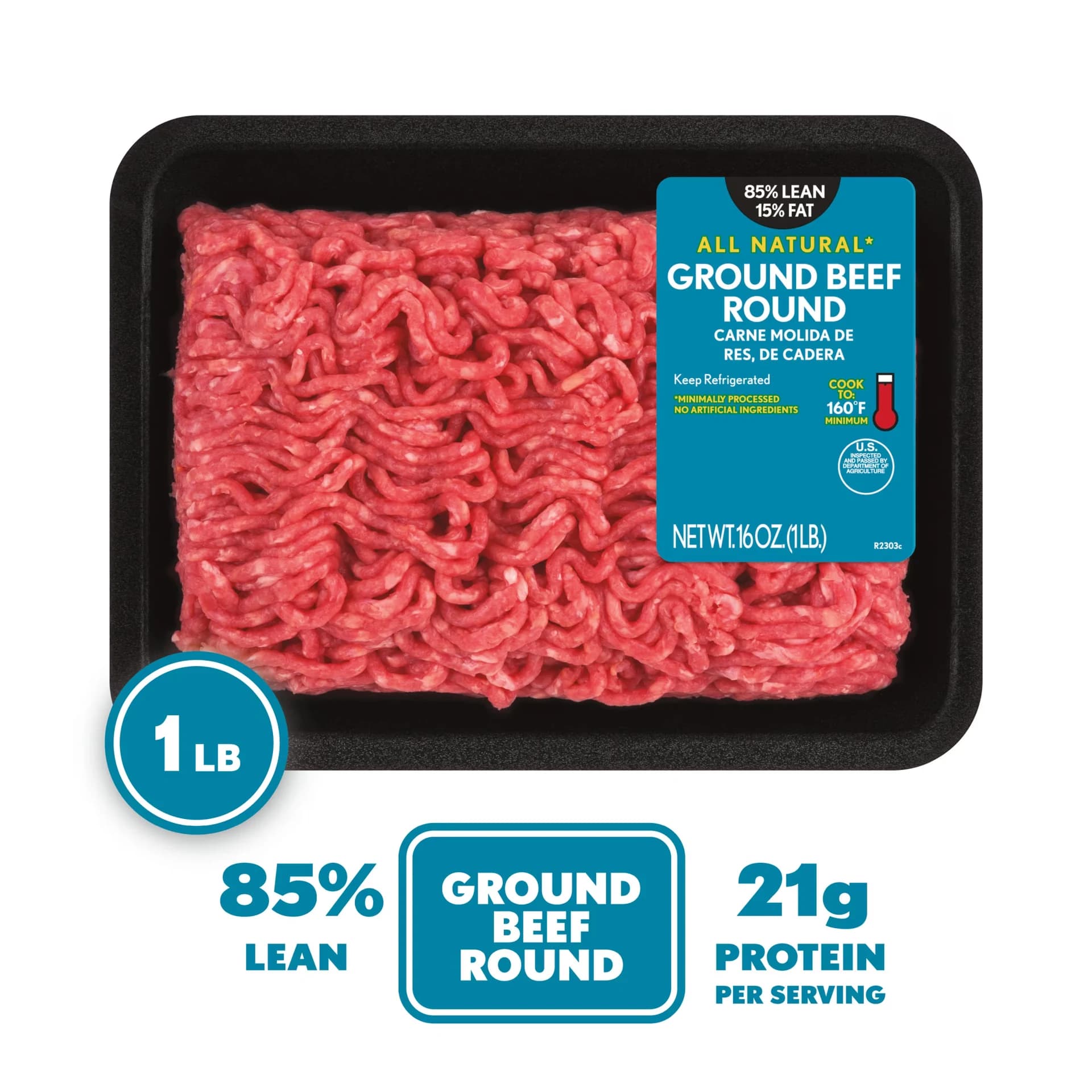 All Natural* 85% Lean/15% Fat Ground Beef Round, 1 lb Tray — product image 1