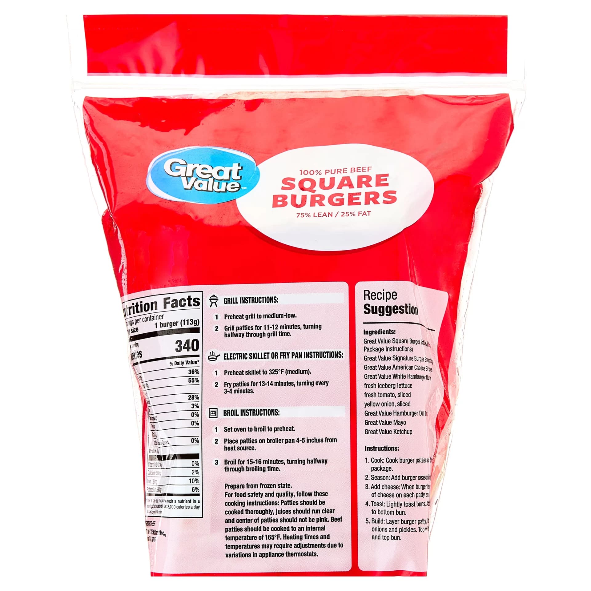 Great Value 100% Pure Beef Square Burgers, 75% Lean / 25% Fat, 3 lb, 12 Count (Frozen) — product image 2