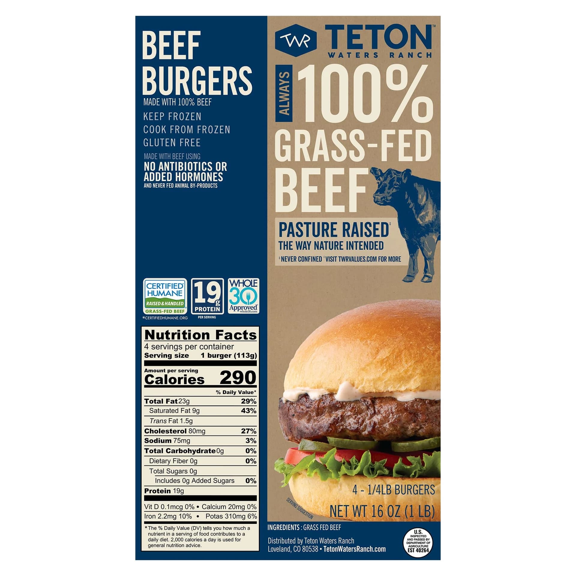 Teton Waters Ranch 100% Grass-Fed Beef Burgers, Frozen Burger Patties, No Sugar, No Antibiotics or Added Hormones, Gluten Free, Certified Humane - 4 Count (1 lb) — product image 3