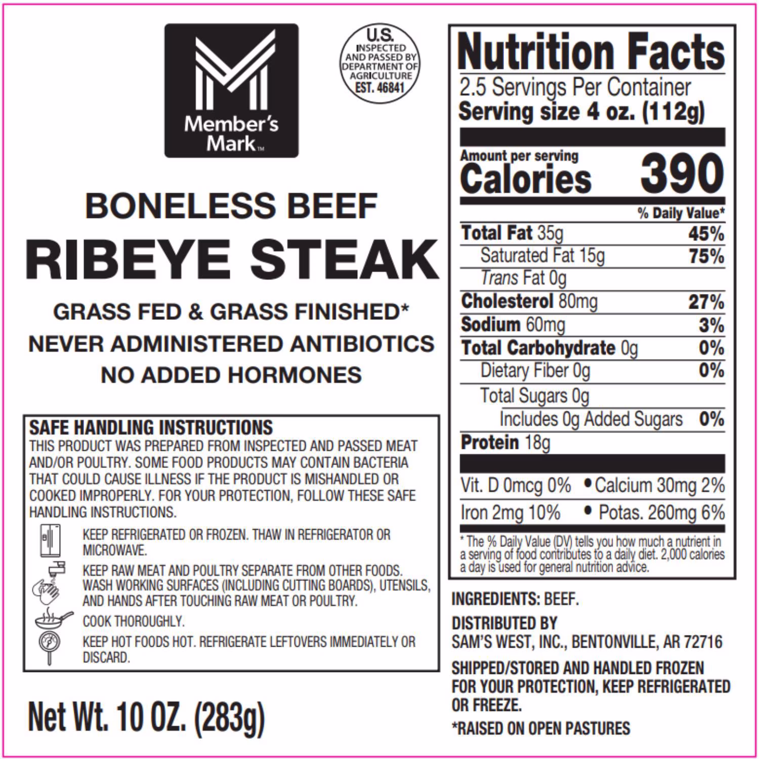 Member's Mark The Field beef box — grass-fed boneless ribeye, 2 x 10 oz — product image 1