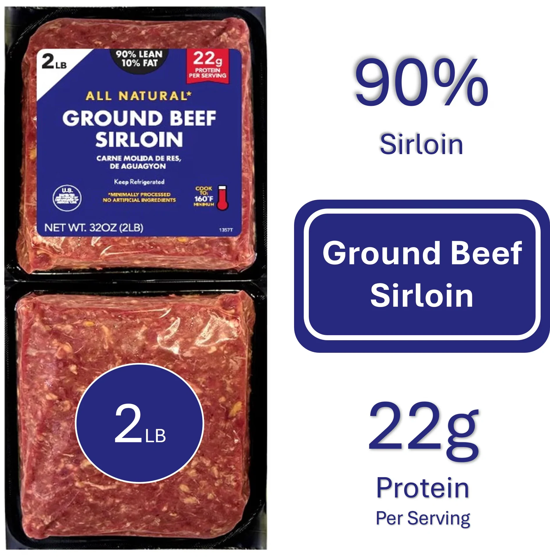 Fresh 90% Lean 10% Fat Sirloin Ground Beef, 2 lb Brick, Grass-Fed, No Antibiotics — product image 1
