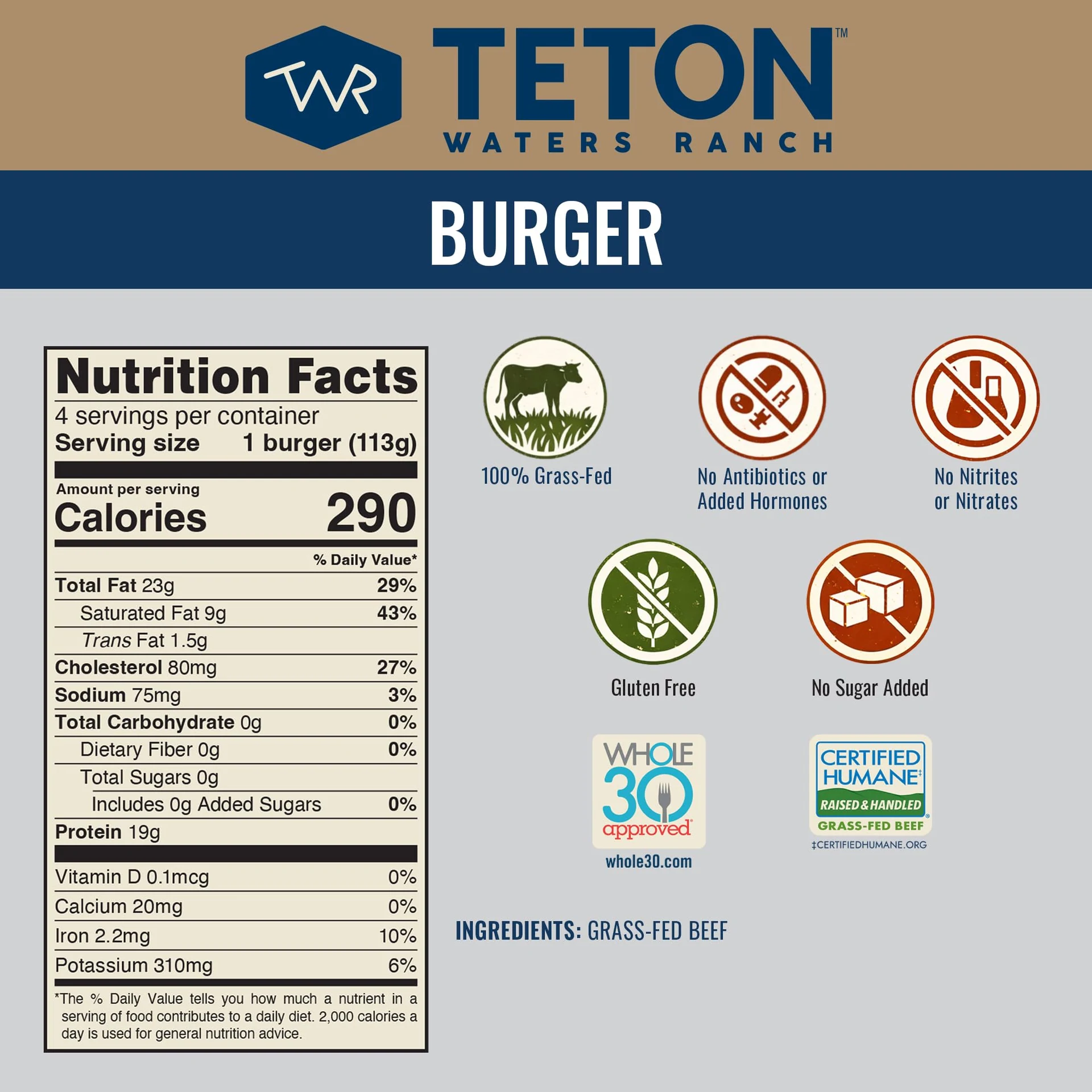 Teton Waters Ranch 100% Grass-Fed Beef Burgers, Frozen Burger Patties, No Sugar, No Antibiotics or Added Hormones, Gluten Free, Certified Humane - 4 Count (1 lb) — product image 2