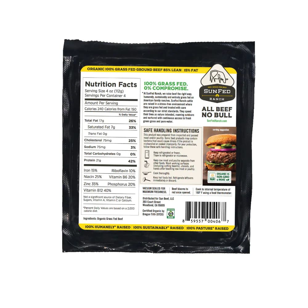 SunFed Ranch 85% Lean 100% Grass Fed Organic Ground Beef — product image 2