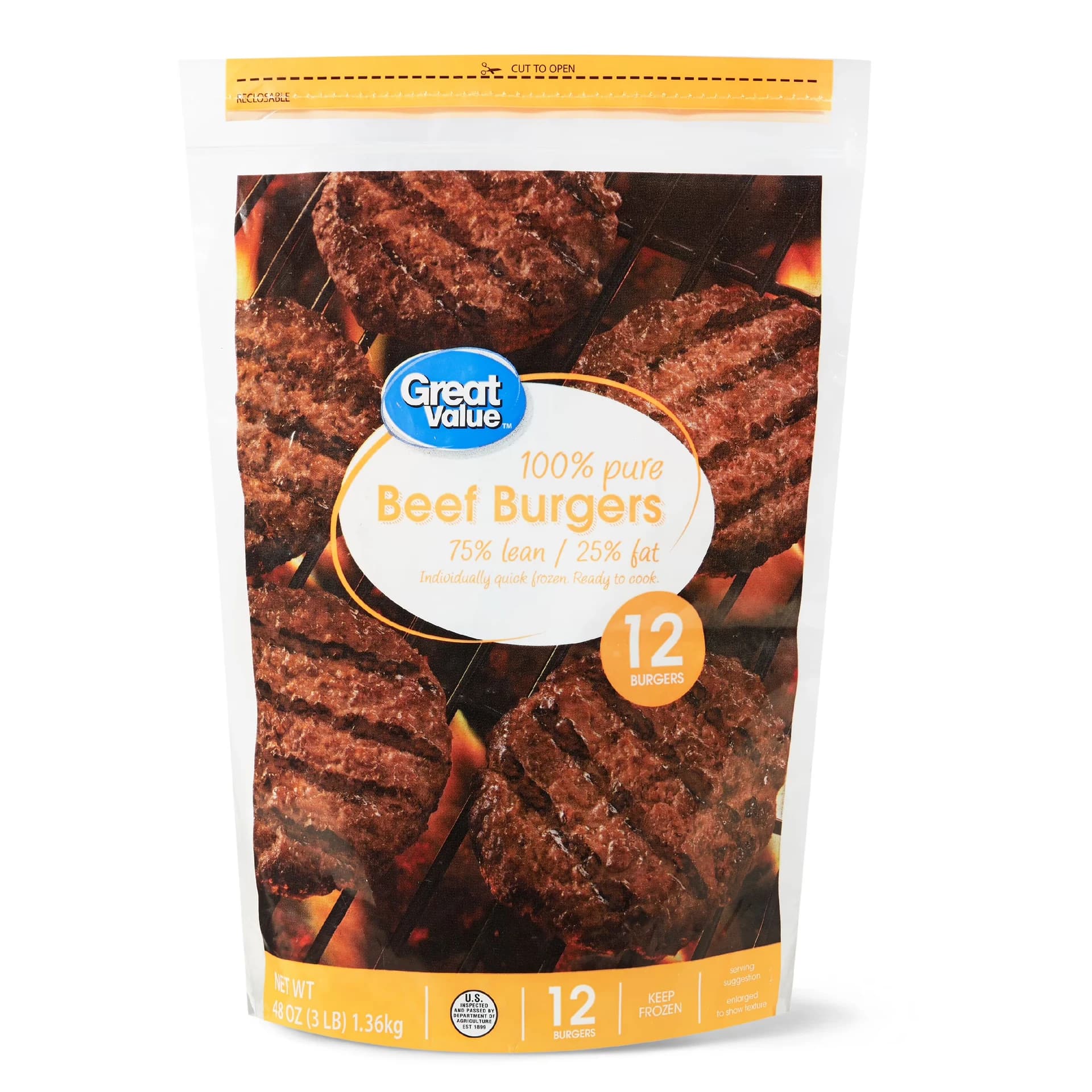 Great Value 100% Pure Beef Burgers, 75% Lean/25% Fat, 3 lbs, 12 Count (Frozen) — product image 1