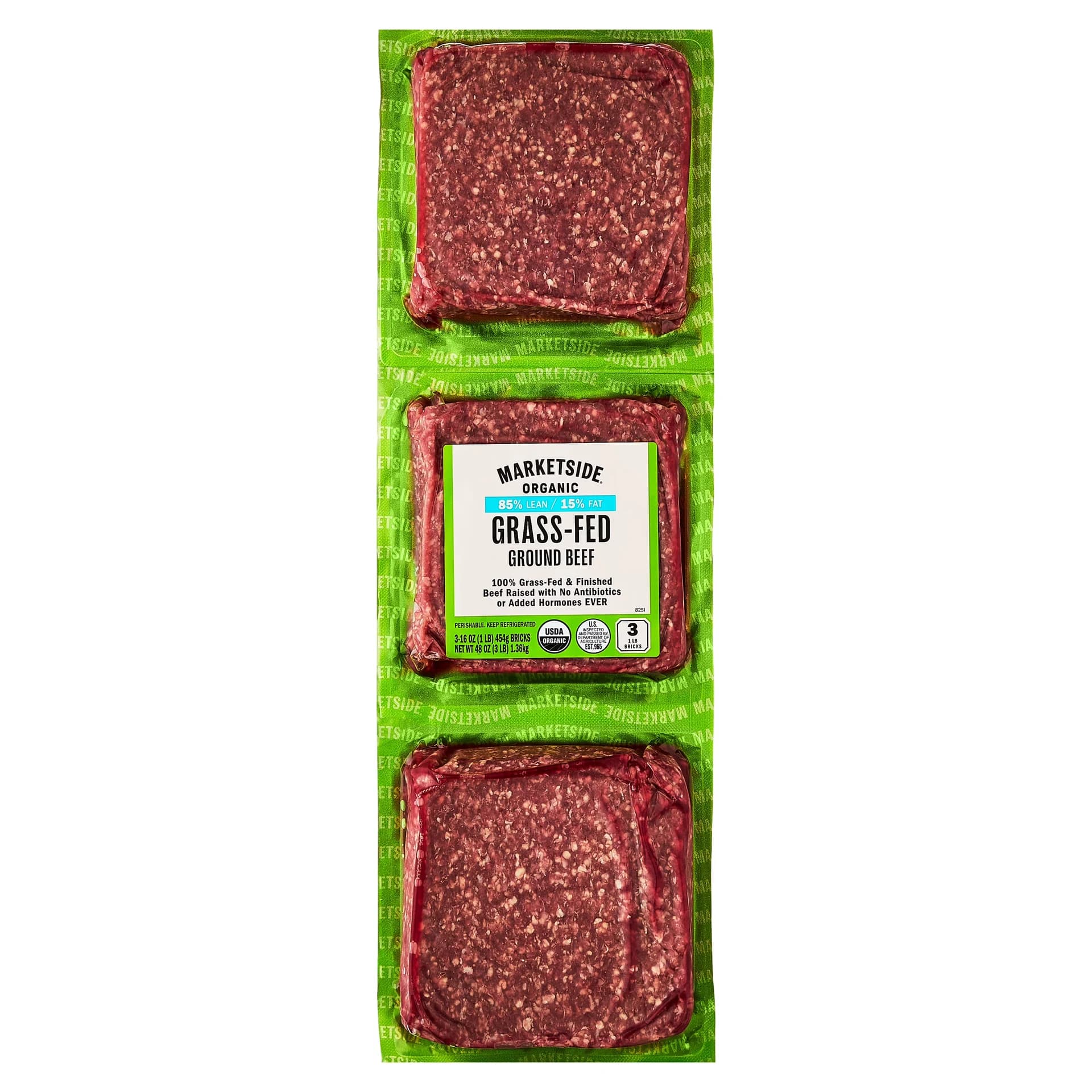 Marketside Organic Grass-Fed Ground Beef, 85% Lean/15% Fat, 1 lb, 3 Count — product image 1