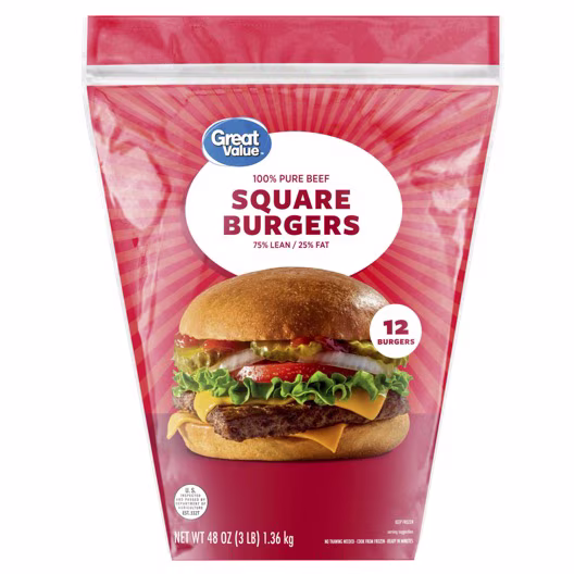 Great Value 100% Pure Beef Square Burgers, 75% Lean / 25% Fat, 3 lb, 12 Count (Frozen) — product image 1
