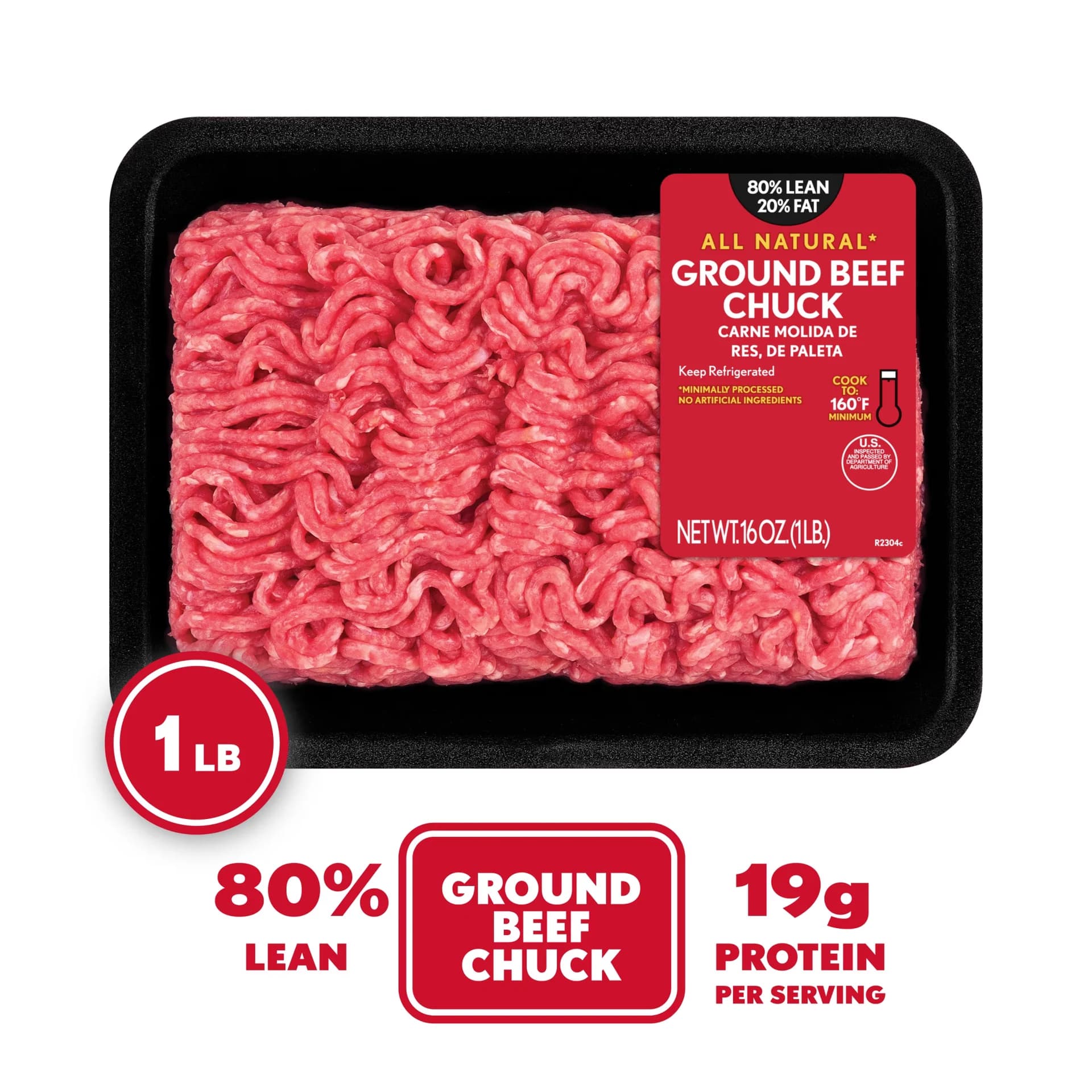 All Natural* 80% Lean/20% Fat Ground Beef Chuck, 1 lb Tray — product image 1