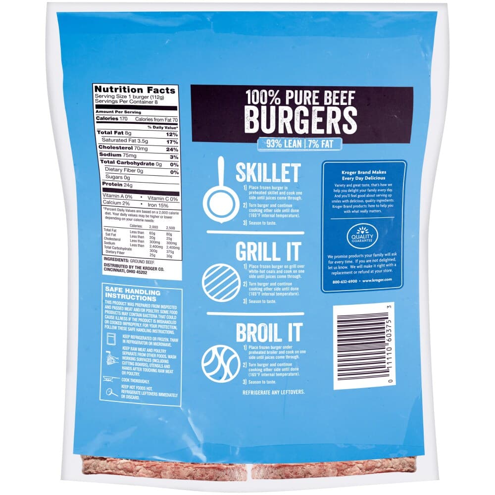 Kroger 93% Lean / 7% Fat Frozen Ground Beef Burgers — product image 1