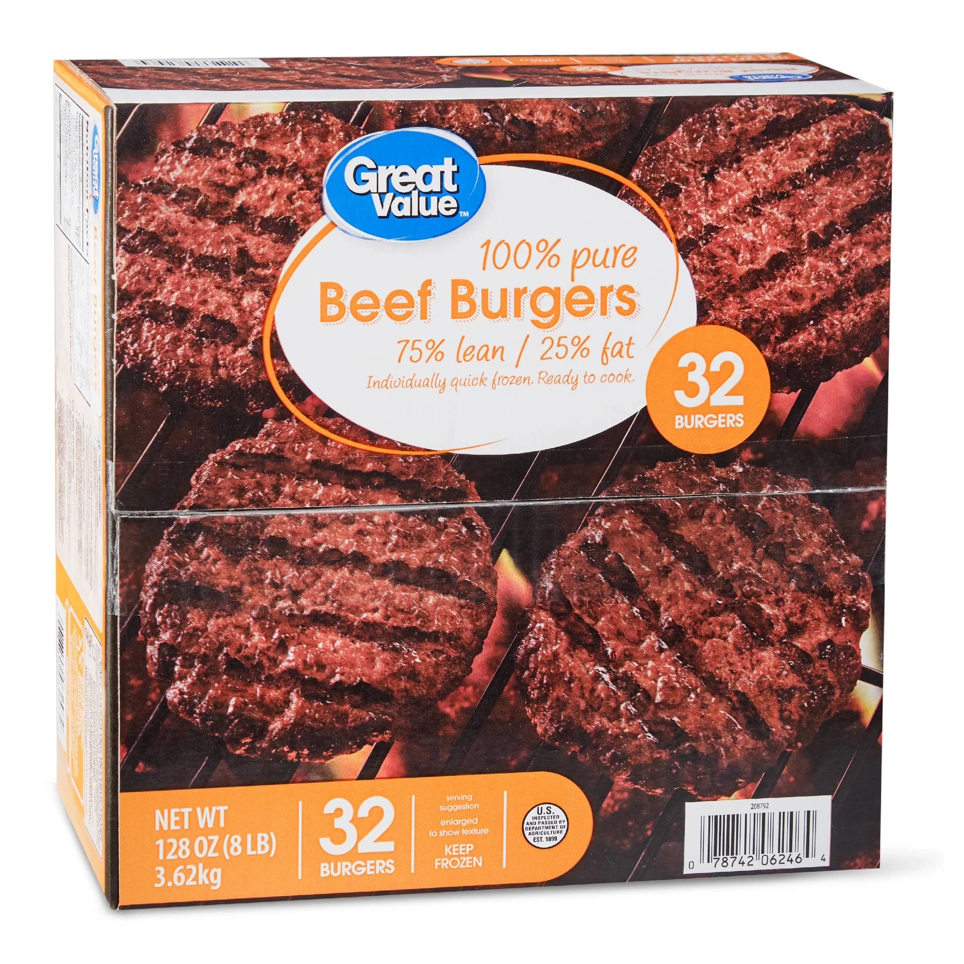Great Value 100% Pure Beef Burgers, 1/4 LB, 75% Lean/25% Fat, 8 lbs, 32 Count, Frozen — product image 1