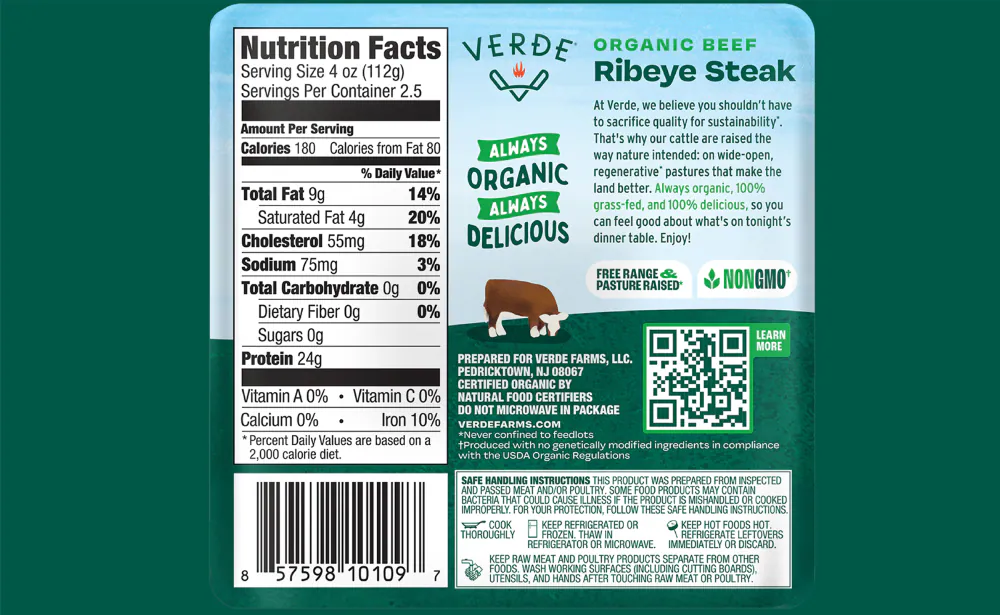 Verde® 100% Grass-Fed Organic Beef Ribeye Steak — product image 4