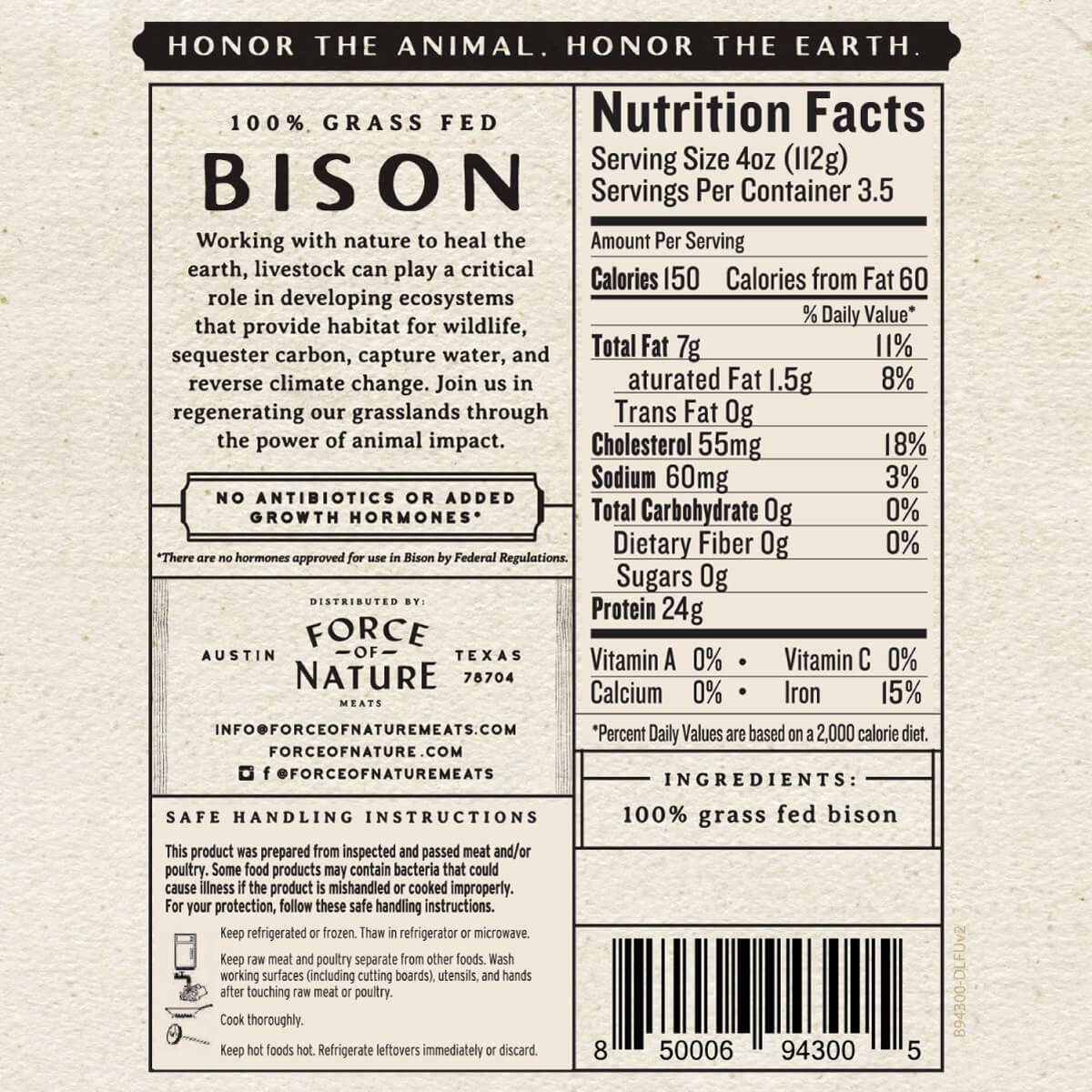 Force of Nature bison label with a 100% grass-fed ingredient statement and nutrition facts.